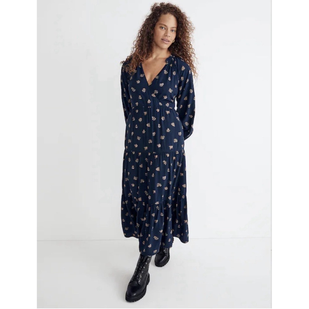 Madewell Challis Midi Dress XXS Navy Faux Wrap Tiered Ruffle Cottage Prairie